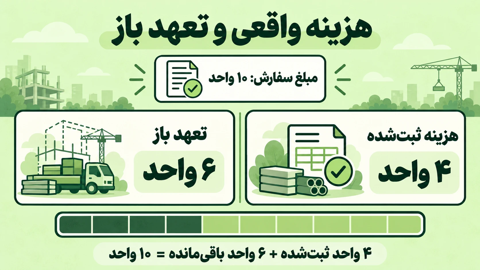 تفکیک یک سفارش فرضی ۱۰ واحدی به ۴ واحد هزینه ثبت‌شده و ۶ واحد تعهد باز